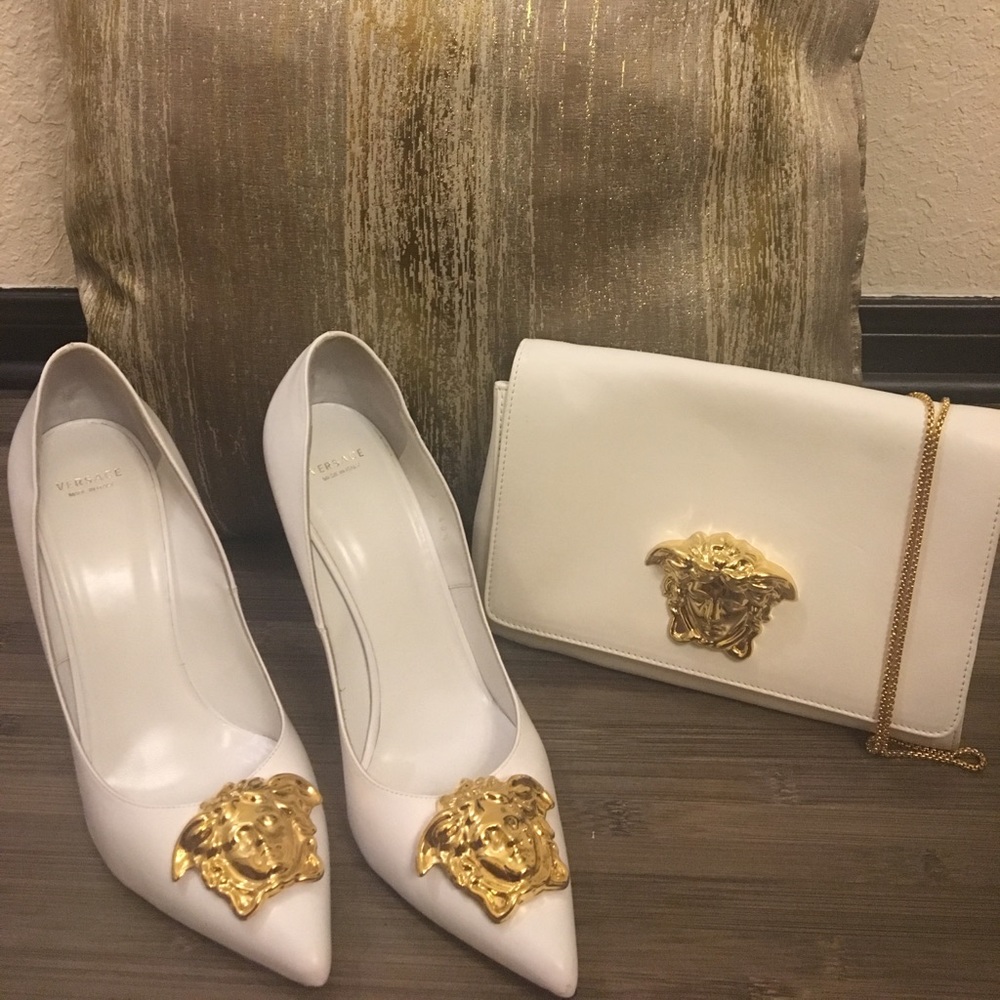 Versace White & Gold Palazzo Pumps